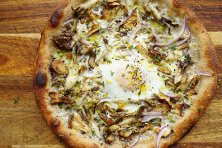 Mushroom egg pizza with Kernza crust